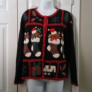 Christmas vintage bear stocking candy cane ugly sweater party cardigan Sz S